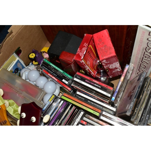 843 - FOUR BOXES AND LOOSE AUDIO EQUIPMENT, DVDS, CDS, TOYS AND SUNDRY ITEMS, to include a Bush Classic am... 