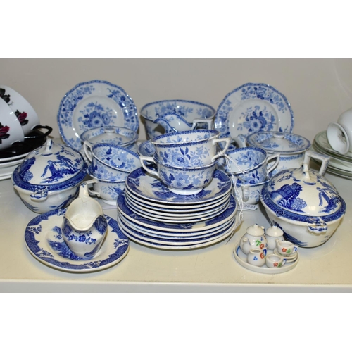 845 - A GROUP OF TOY TEA WARES, over thirty five pieces to include a blue and white tea set, possibly by M... 