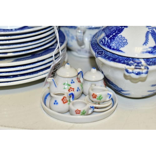 845 - A GROUP OF TOY TEA WARES, over thirty five pieces to include a blue and white tea set, possibly by M... 