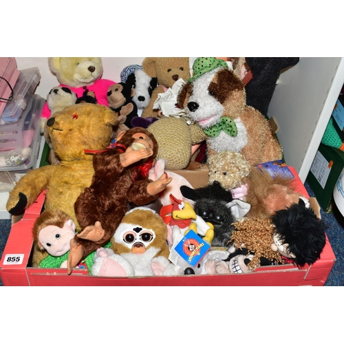 855 - TWO BOXES OF TEDDY BEARS, SOFT TOYS AND DOLLS, to include a wood wool stuffed jointed monkey (sd), a... 