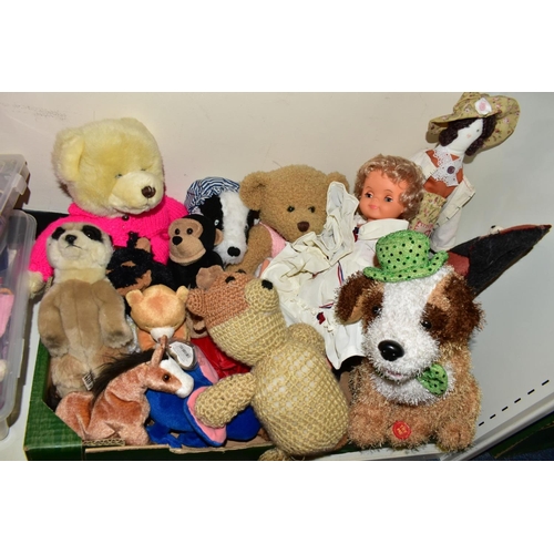 855 - TWO BOXES OF TEDDY BEARS, SOFT TOYS AND DOLLS, to include a wood wool stuffed jointed monkey (sd), a... 