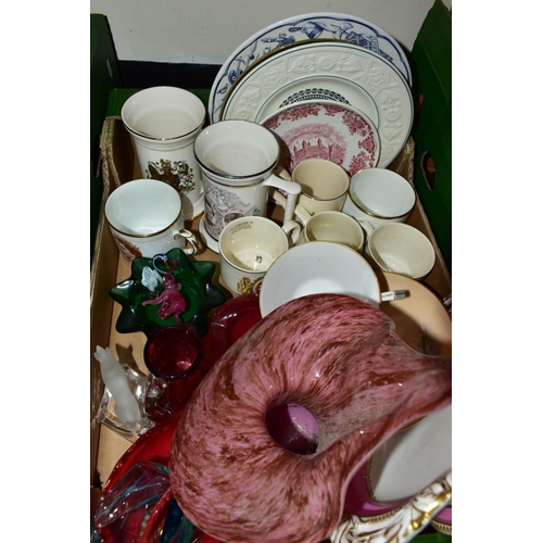 864 - THREE BOXES OF CERAMICS AND GLASSWARES, to include a thirty two piece bone china tea set printed wit... 