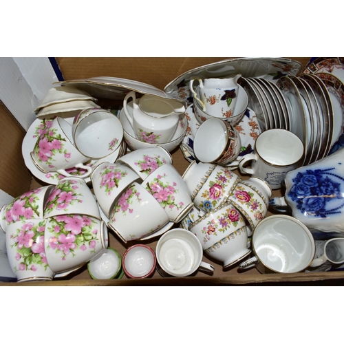 864 - THREE BOXES OF CERAMICS AND GLASSWARES, to include a thirty two piece bone china tea set printed wit... 