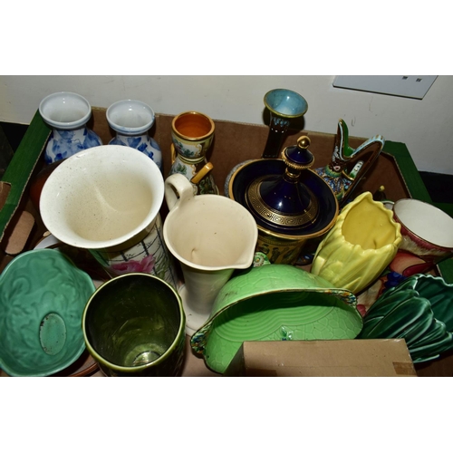 864 - THREE BOXES OF CERAMICS AND GLASSWARES, to include a thirty two piece bone china tea set printed wit... 