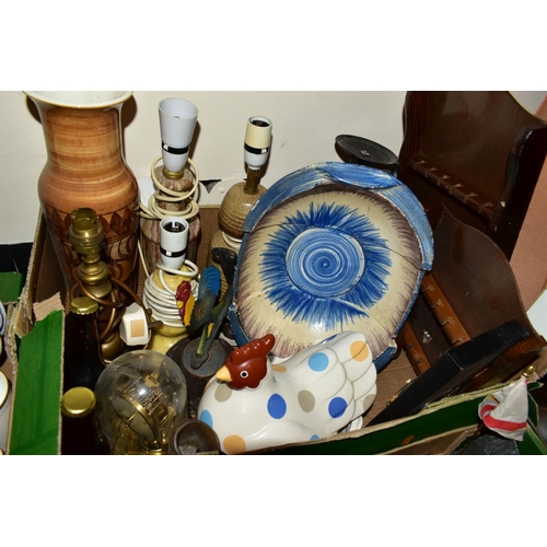 865 - FIVE BOXES AND LOOSE LAMPS, CLOCKS, CERAMICS, METALWARES AND SUNDRY VINTAGE ITEMS, to include four t... 