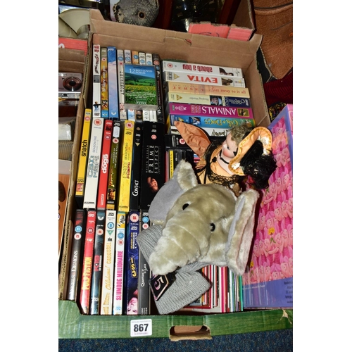 867 - FOUR BOXES OF DVDS, GOLFING INTEREST AND ASSORTED HOUSEHOLD ITEMS, to include twenty three DVDs and ... 