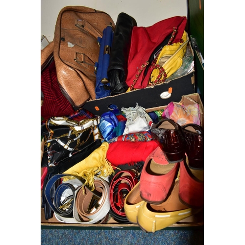 868 - TWO BOXES OF HANDBAGS, SHOES AND ACCESSORIES, to include handbags by Jane Shilton and high street br... 