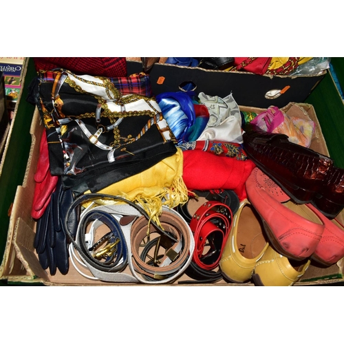 868 - TWO BOXES OF HANDBAGS, SHOES AND ACCESSORIES, to include handbags by Jane Shilton and high street br... 