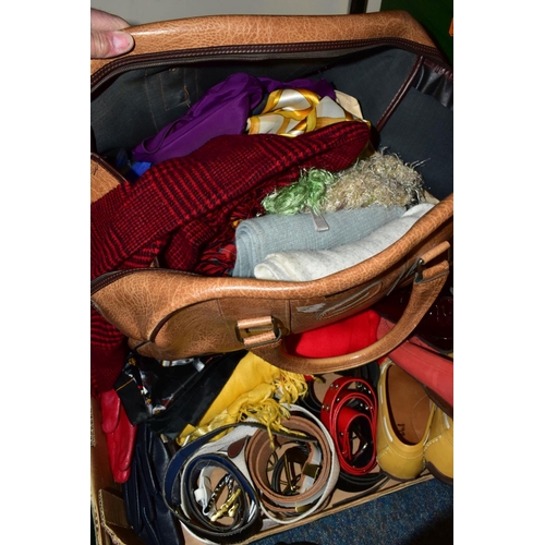 868 - TWO BOXES OF HANDBAGS, SHOES AND ACCESSORIES, to include handbags by Jane Shilton and high street br... 