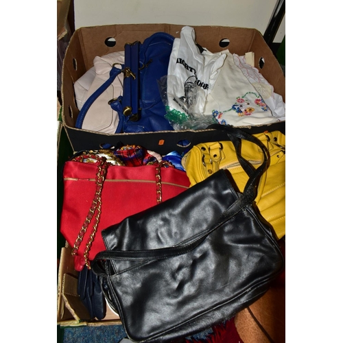 868 - TWO BOXES OF HANDBAGS, SHOES AND ACCESSORIES, to include handbags by Jane Shilton and high street br... 