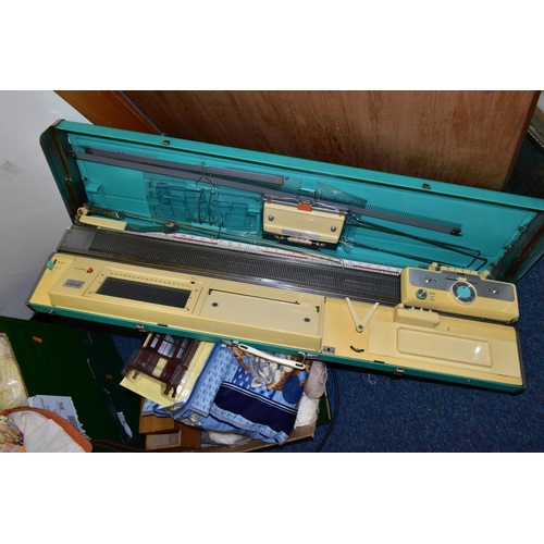 869 - THREE BOXES AND LOOSE KNITTING MACHINE, KNITTING AND CRAFTING EQUIPMENT AND SUPPLIES, to include a c... 