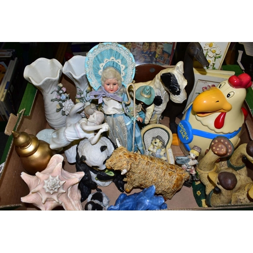 870 - FOUR BOXES OF CERAMICS AND SUNDRY DECORATIVE ITEMS, to include an Armand Marseille Little Bo Peep do... 