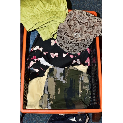 871 - A BOX OF VINTAGE CLOTHING, coats, jackets, jeans, skirts and tops from brands including Moschino Jea... 