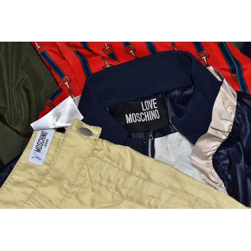 871 - A BOX OF VINTAGE CLOTHING, coats, jackets, jeans, skirts and tops from brands including Moschino Jea... 