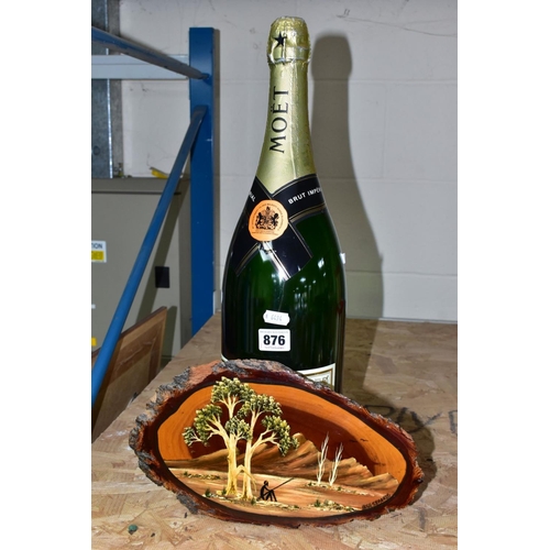 876 - A MOET & CHANDON DISPLAY BOTTLE AND A PAINTING ON WOOD, comprising a Moet & Chandon display bottle w... 