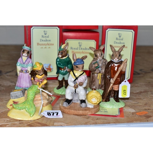 877 - SIX BOXED ROYAL DOULTON BUNNYKINS FIGURES,FOUR  FROM THE ROBIN HOOD SERIES AND TWO MODELLED BY SHANE... 