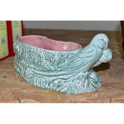 878 - A CLARICE CLIFF FOR NEWPORT POTTERY BUDGERIGAR PLANTER, in green and pink, featuring a pair of model... 