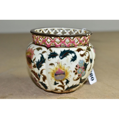 880 - A SMALL ZSOLNAY PECS PLANTER, with pierced rim, florally decorated, blue faded factory mark to base ... 