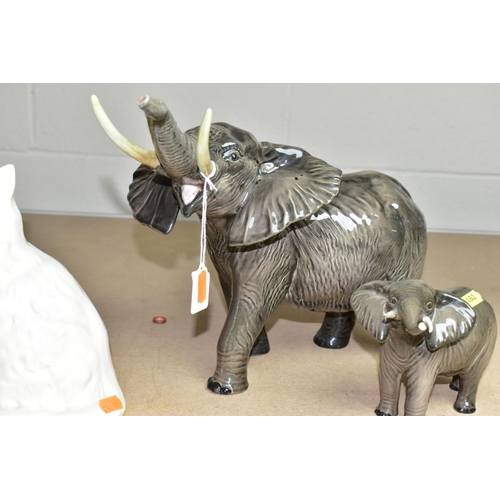 882 - FIVE BESWICK ANIMALS, comprising Elephant -Trunk stretching - small, model no.974, Elephant - Trunk ... 