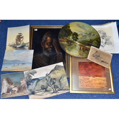 891 - PAINTINGS AND PRINTS ETC, to include a 19th century river landscape with cattle drinking, oil on woo... 