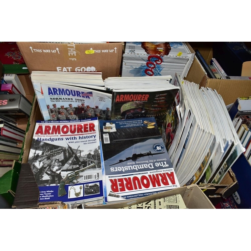 903 - NINE BOXES OF BOOKS AND MAGAZINES RELATING TO MILITARY ETC, to include Armourer Magazines, WWI and W... 