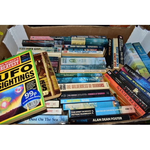 904 - BOOKS, four boxes containing approximately 150 paperback novels from the Sci-Fi, Fantasy, Historical... 