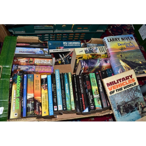 904 - BOOKS, four boxes containing approximately 150 paperback novels from the Sci-Fi, Fantasy, Historical... 