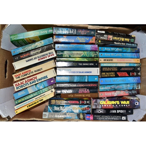 904 - BOOKS, four boxes containing approximately 150 paperback novels from the Sci-Fi, Fantasy, Historical... 