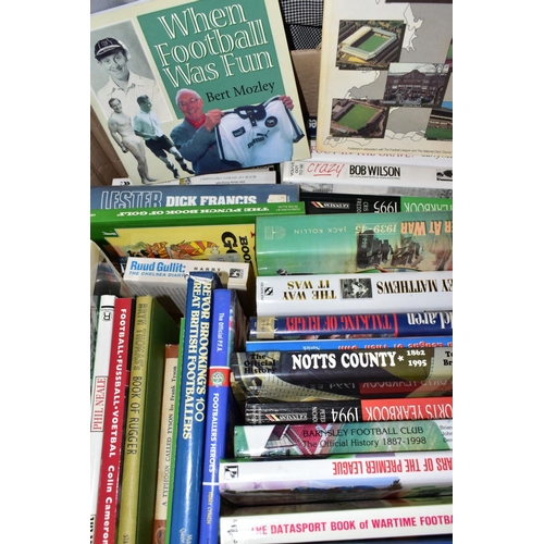 916 - BOOKS, three boxes containing a collection of approximately sixty Sporting titles in hardback and pa... 