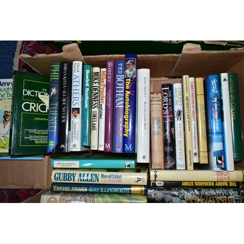 926 - CRICKET BOOKS, four boxes containing approximately 120 hardback titles to include B&H Yearbooks, Enc... 