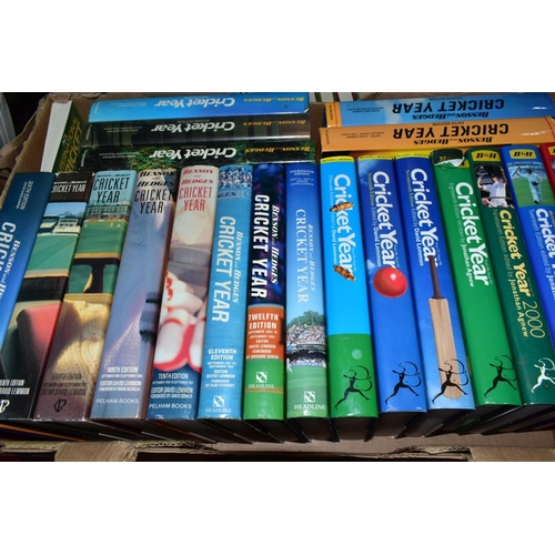 934 - CRICKET BOOKS, three boxes containing approximately 80 hardback titles to include B&H Yearbooks, Bio... 