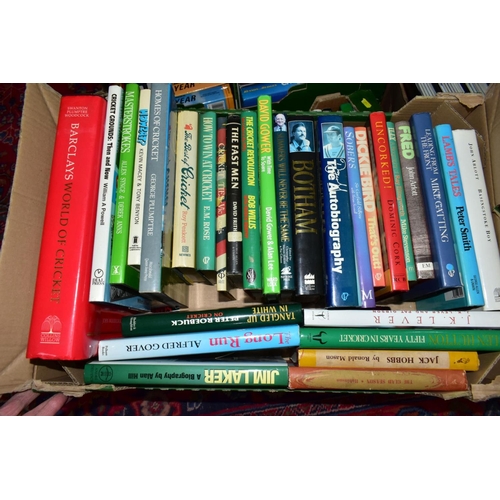 934 - CRICKET BOOKS, three boxes containing approximately 80 hardback titles to include B&H Yearbooks, Bio... 