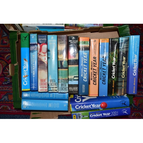 935 - CRICKET BOOKS, four boxes containing approximately 90 hardback titles to include B&H and Pelham Year... 