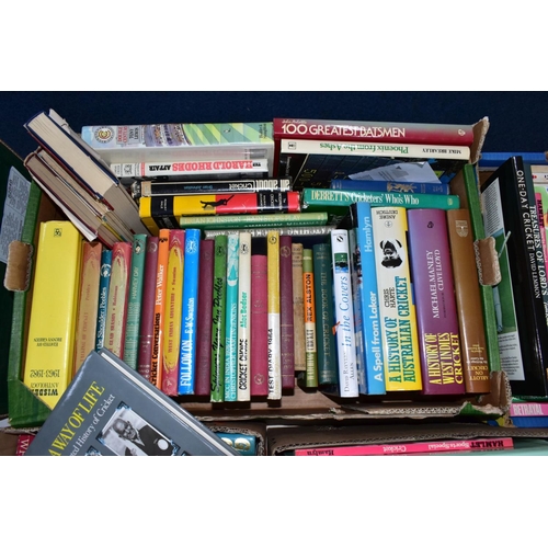 936 - CRICKET BOOKS, four boxes containing approximately 125-130 hardback and paperback titles to include ... 