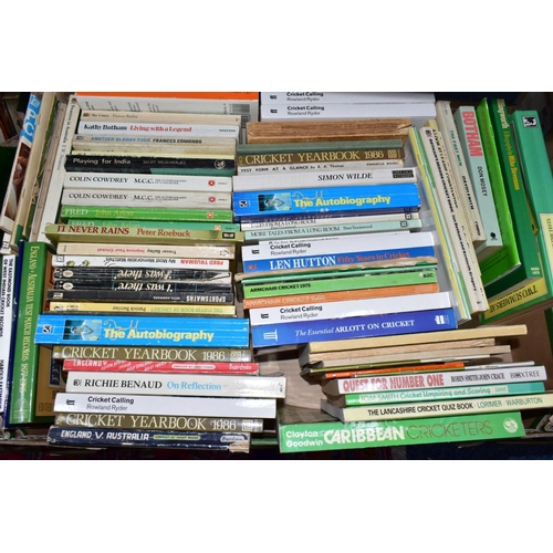 939 - CRICKET BOOKS, four boxes containing approximately 145-150 hardback and paperback titles to include ... 