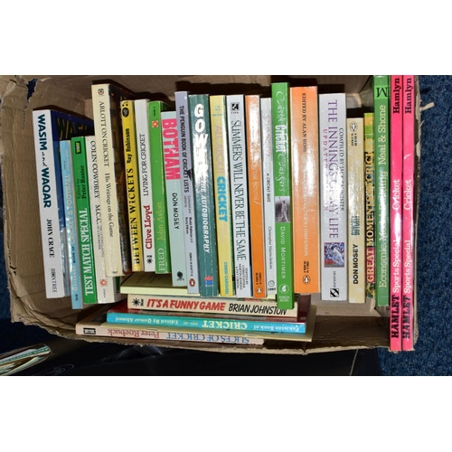 939 - CRICKET BOOKS, four boxes containing approximately 145-150 hardback and paperback titles to include ... 