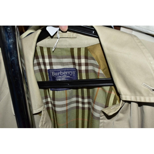 963 - A GENTS BURBURRY KHAKI MAC AND TWO AQUASCUTUM COATS, the Burberry mac with green tartan interior, si... 