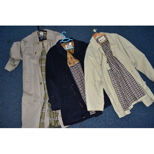 963 - A GENTS BURBURRY KHAKI MAC AND TWO AQUASCUTUM COATS, the Burberry mac with green tartan interior, si... 