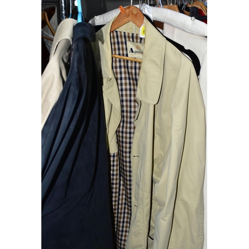 963 - A GENTS BURBURRY KHAKI MAC AND TWO AQUASCUTUM COATS, the Burberry mac with green tartan interior, si... 