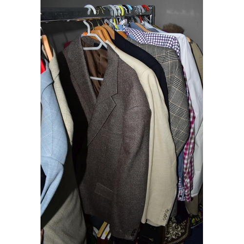 964 - A QUANTITY OF GENTLEMENS CLOTHING IN SEVEN BOXES AND LOOSE, including jackets, shirts, suits, trouse... 