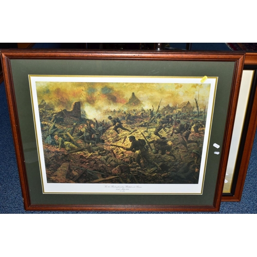 968 - THREE LARGE GLAZED FRAMED MILITARY PRINTS, to include RAF Lancaster Bomber in early morning light by... 