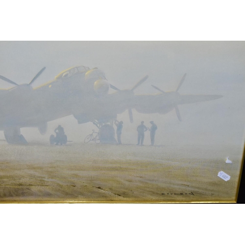 968 - THREE LARGE GLAZED FRAMED MILITARY PRINTS, to include RAF Lancaster Bomber in early morning light by... 