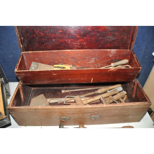 1292 - TWO BESPOKE TOOLBOXES CONTAINING WOODWORKING TOOLS to include files, chisels, router plane, hammers,... 