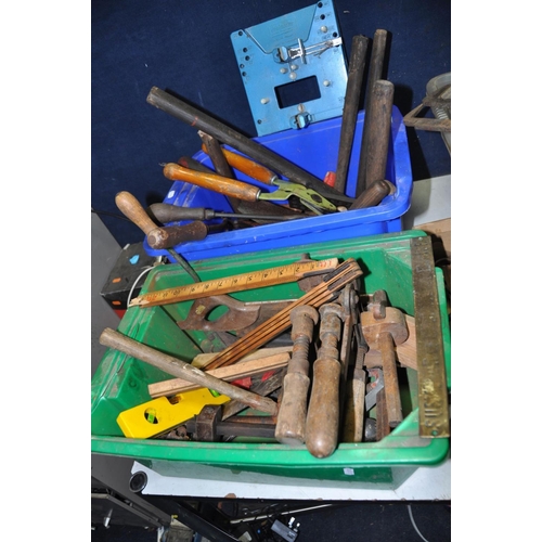 1301 - SIX TRAYS CONTAINING VINTAGE HAND TOOLS including a 8in Coffin Plane, a 6in router plane (no blade),... 