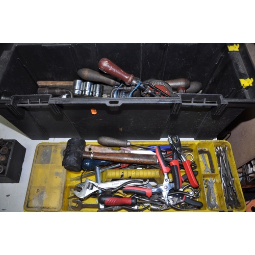 1325 - TWO TOOLBOXES AND TWO BOXES OF TOOLS to include a number of spanners, screwdrivers, grips, clamps, h... 