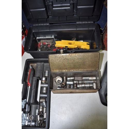 1325 - TWO TOOLBOXES AND TWO BOXES OF TOOLS to include a number of spanners, screwdrivers, grips, clamps, h... 