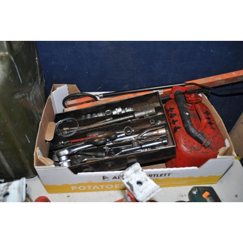 1326 - A TOOLBOX AND A BOX OF TOOLS to contain a quantity of spanners, sockets, ratchets, hammers, a ten li... 