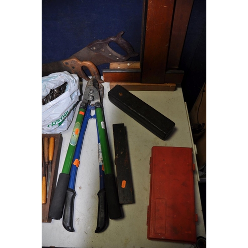 1359 - TWO BOXES OF TOOLS to include hammers, files, bolt croppers, T-squares, saws, drill bits, a unbrande... 