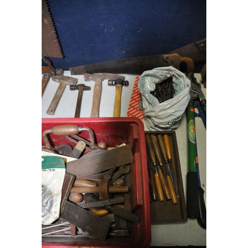 1359 - TWO BOXES OF TOOLS to include hammers, files, bolt croppers, T-squares, saws, drill bits, a unbrande... 