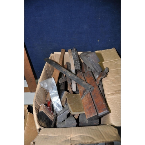 1376 - TWO BOXES OF WOODWORKING TOOLS to include planes, saw blades, wire brushes, chisels etc and a foldin... 